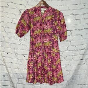 Fox & Hen Pink Leopard Print Button-Front Dress W/Ruffle Hem Size Small